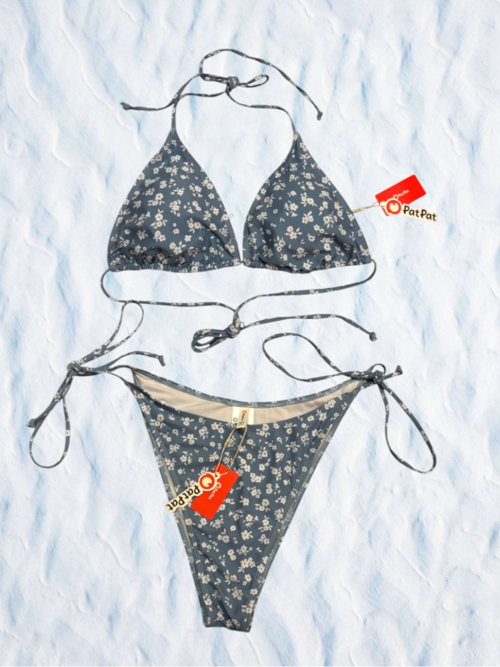 ☀️NWT PatPat Women's Navy Blue Floral Tie-Side Triangle Bikini Women’s XL ☀️